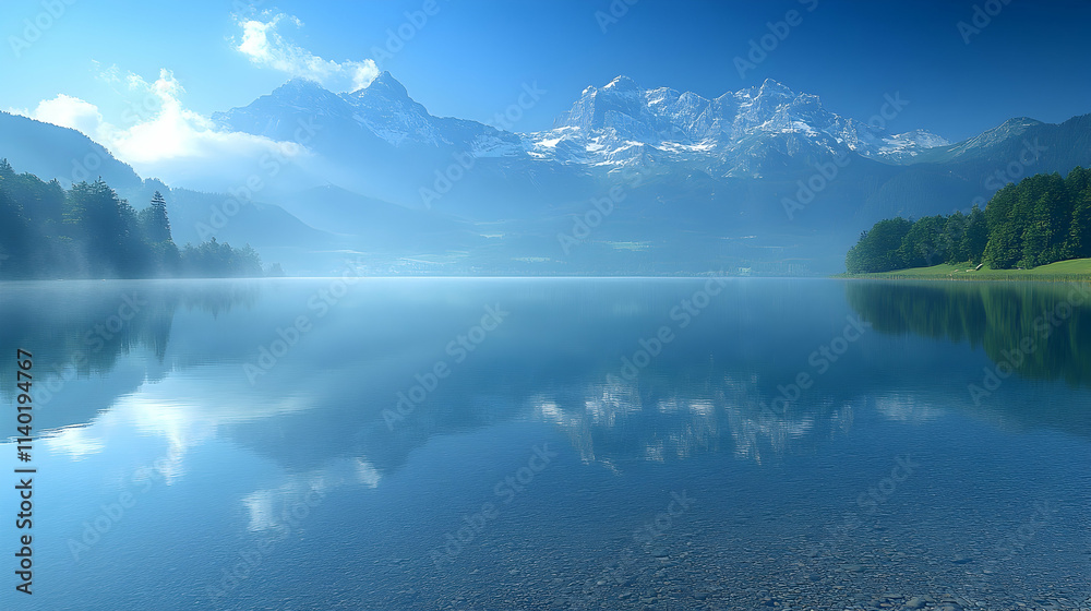 Naklejka premium Serene mountain landscape reflected in calm water.