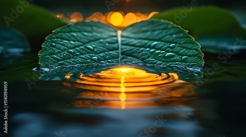 Microcosmic Water Drop Reflection on Leaf Surface in Tranquil Forest photo