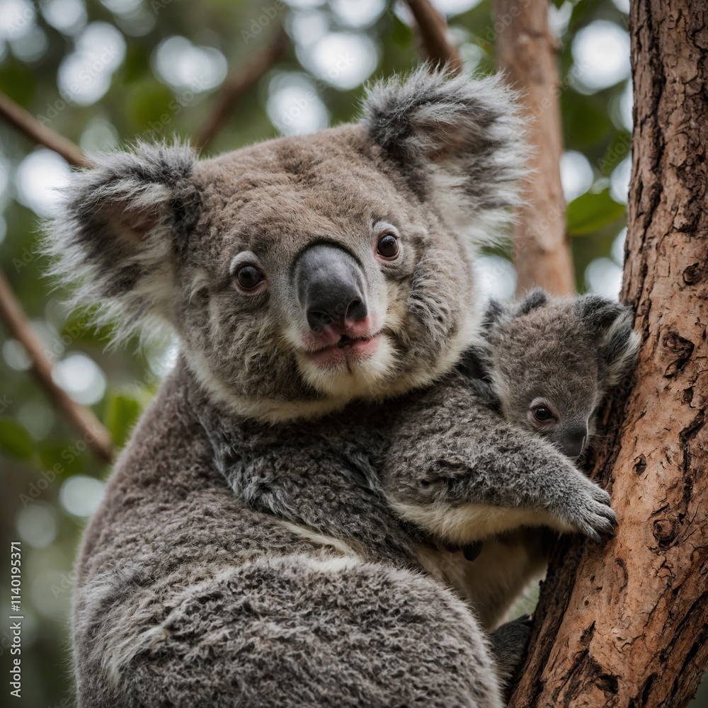 Naklejka premium A cute baby koala clinging to its mother's back in a tree.