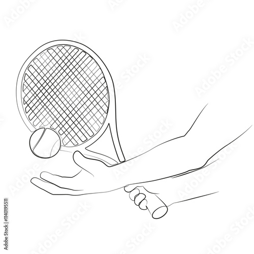 Tennis player with racket line vector illustration. Sport, male athlete, championship, hobby drawing. Young energetic man hit the ball. Sport training line art concept. Draw for tournament. Racquet.