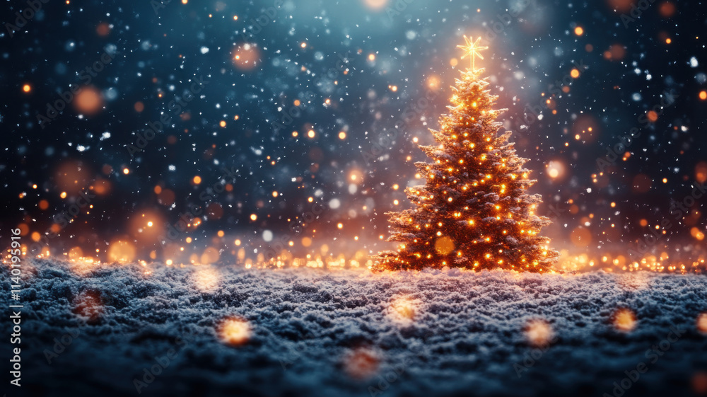 Naklejka premium A cheerful and festive Christmas card featuring a snow-covered Christmas tree, shining stars, and delicate snowflakes.