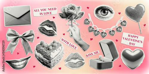 Collage elements for Valentine's Day cut from paper with halftone effect. Trendy vintage sticker for card, banner, background.