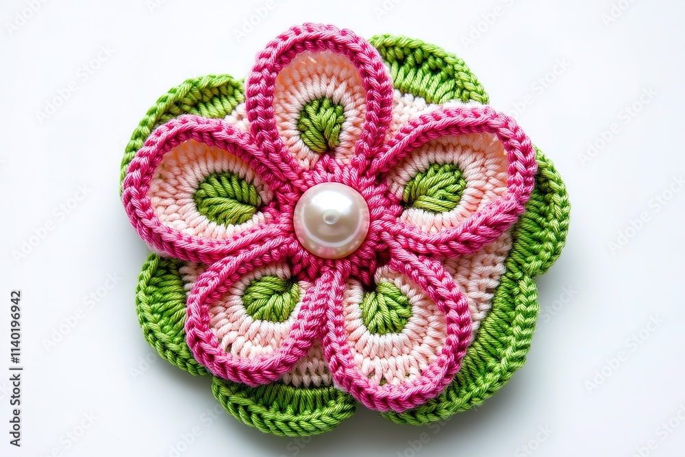 Close-up of a vibrant crocheted flower brooch. Close-up of a vibrant crocheted flower brooch.