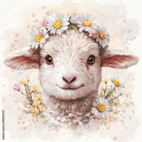 A lamb illustrated in watercolor style on a plain white background. photo