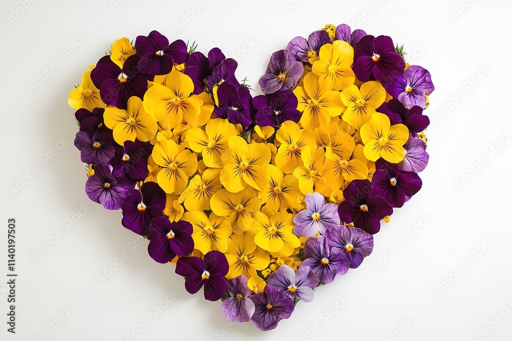 Heart-shaped arrangement of vibrant yellow and purple pansies on white background Heart-shaped arrangement of vibrant yellow and purple pansies on white background