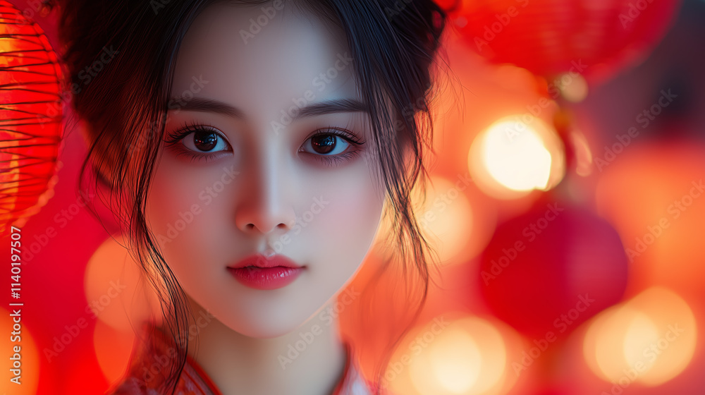 Elegant Portrait with Red Lantern Background Elegant Portrait with Red Lantern Background