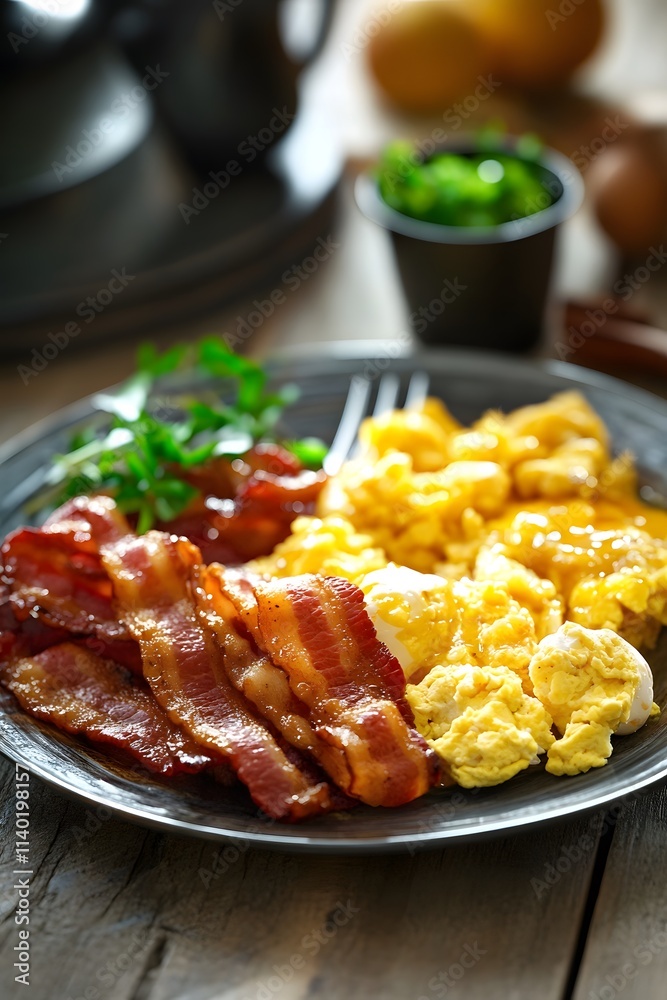 A delicious breakfast plate featuring scrambled eggs, crispy bacon, and fresh herbs. A delicious breakfast plate featuring scrambled eggs, crispy bacon, and fresh herbs.