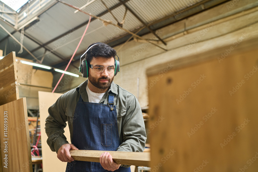 Focused worker wearing safety gear in a busy lumberyard environment Focused worker wearing safety gear in a busy lumberyard environment