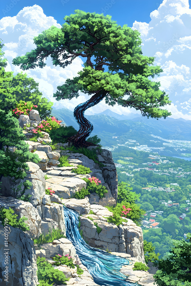 Serene landscape with a waterfall and tree. Serene landscape with a waterfall and tree.