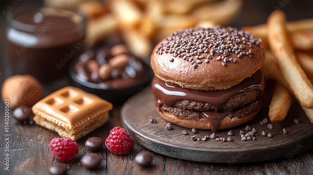 Delicious Chocolate Burger With Fries And Raspberries Delicious Chocolate Burger With Fries And Raspberries