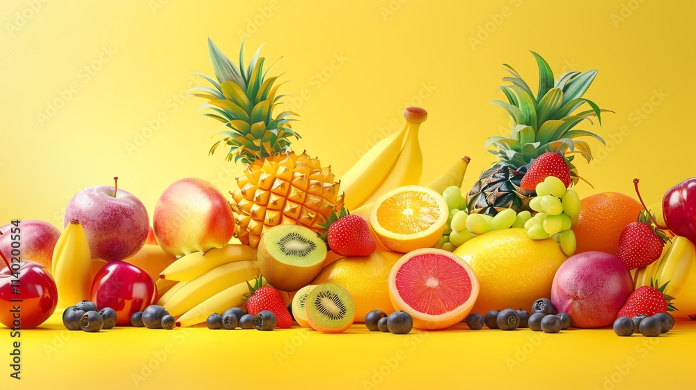 A collection of fresh fruit on a yellow background. A collection of fresh fruit on a yellow background.
