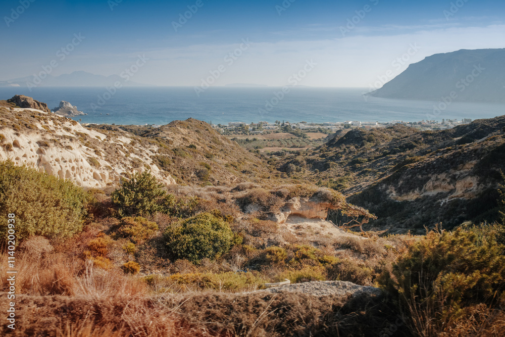 Obraz premium View from the vantage point of the Aegean sea on the island of Kos in Greece, Greek vacation, travel in Europe