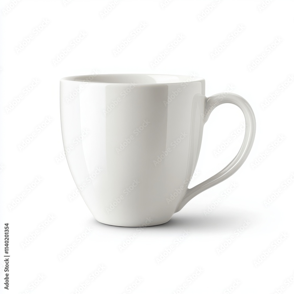 A simple ceramic coffee cup with a smooth finish and a curved handle on a white background A simple ceramic coffee cup with a smooth finish and a curved handle on a white background