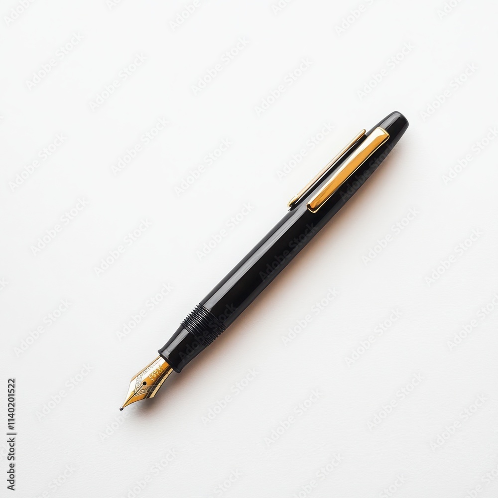 A sleek black fountain pen with a gold clip and smooth nib on a white background A sleek black fountain pen with a gold clip and smooth nib on a white background