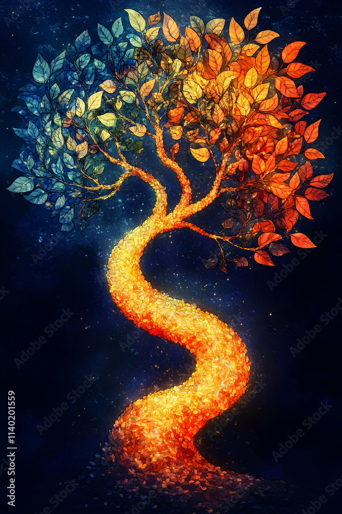 A vibrant, stylized tree with colorful leaves. A vibrant, stylized tree with colorful leaves.