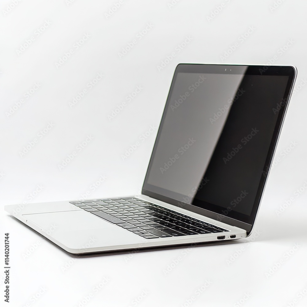 A sleek silver laptop with a slim profile and minimal design on a white background A sleek silver laptop with a slim profile and minimal design on a white background