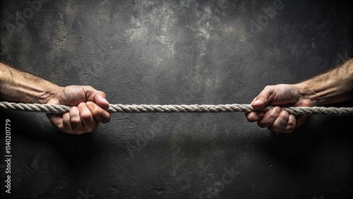Hand in Black and White Pulling Rope to Opposite Sides, Paper Textured Black Background with Copy Space
