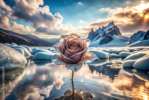 gleaming metallic rose stands gracefully atop icy waters, surrounded by stunning mountains and clouds. serene landscape evokes sense of tranquility and beauty