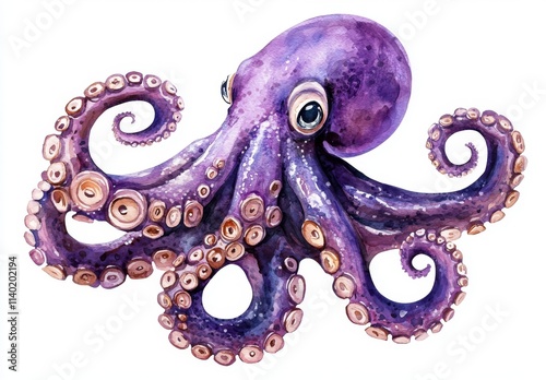 Minimalist Watercolor Octopus Art, Vibrant in Purple, Ideal for Home Decor, Galleries, and Nurseries, Showcasing Marine, Aquatic, Nautical, and Colorful Themes. photo