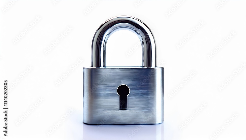 Shiny Metallic Silver Padlock with Keyhole on White Background. Security, Protection, Privacy Concept for Online Data Safety, Physical Locks, Access Control, and Anti Theft Solutions Shiny Metallic Silver Padlock with Keyhole on White Background. Security, Protection, Privacy Concept for Online Data Safety, Physical Locks, Access Control, and Anti Theft Solutions