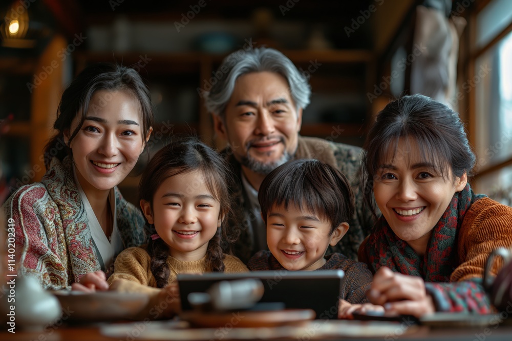 A multi-generational Asian family gathers around a table, smiling and sharing joy, emphasizing family unity, happiness, and the warmth of togetherness. A multi-generational Asian family gathers around a table, smiling and sharing joy, emphasizing family unity, happiness, and the warmth of togetherness.