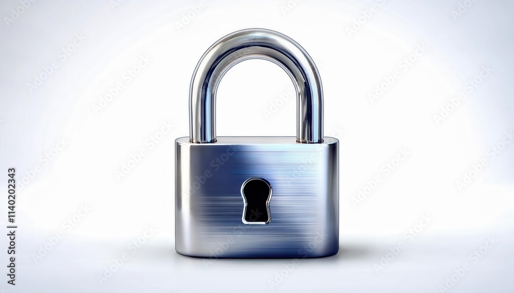 Shiny Metallic Silver Padlock with Keyhole on White Background. Security, Protection, Privacy Concept for Online Data Safety, Physical Locks, Access Control, and Anti Theft Solutions Shiny Metallic Silver Padlock with Keyhole on White Background. Security, Protection, Privacy Concept for Online Data Safety, Physical Locks, Access Control, and Anti Theft Solutions