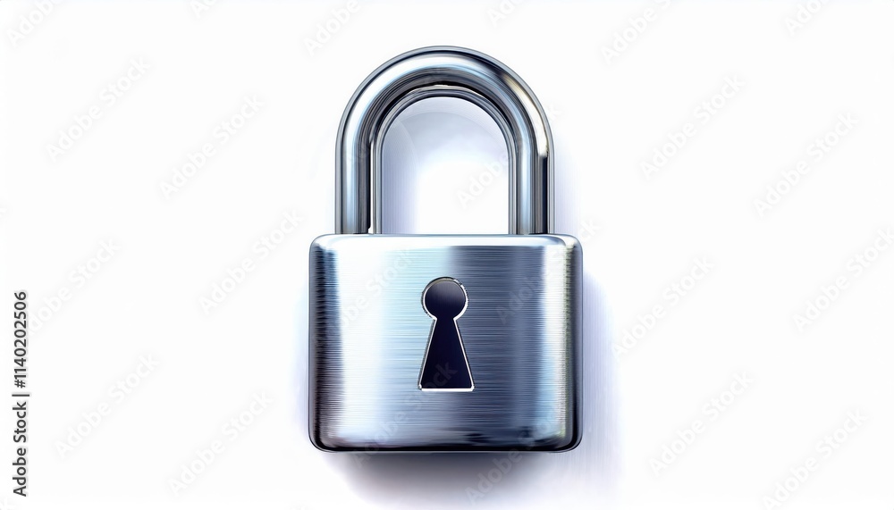 Shiny Metallic Silver Padlock with Keyhole on White Background. Security, Protection, Privacy Concept for Online Data Safety, Physical Locks, Access Control, and Anti Theft Solutions Shiny Metallic Silver Padlock with Keyhole on White Background. Security, Protection, Privacy Concept for Online Data Safety, Physical Locks, Access Control, and Anti Theft Solutions
