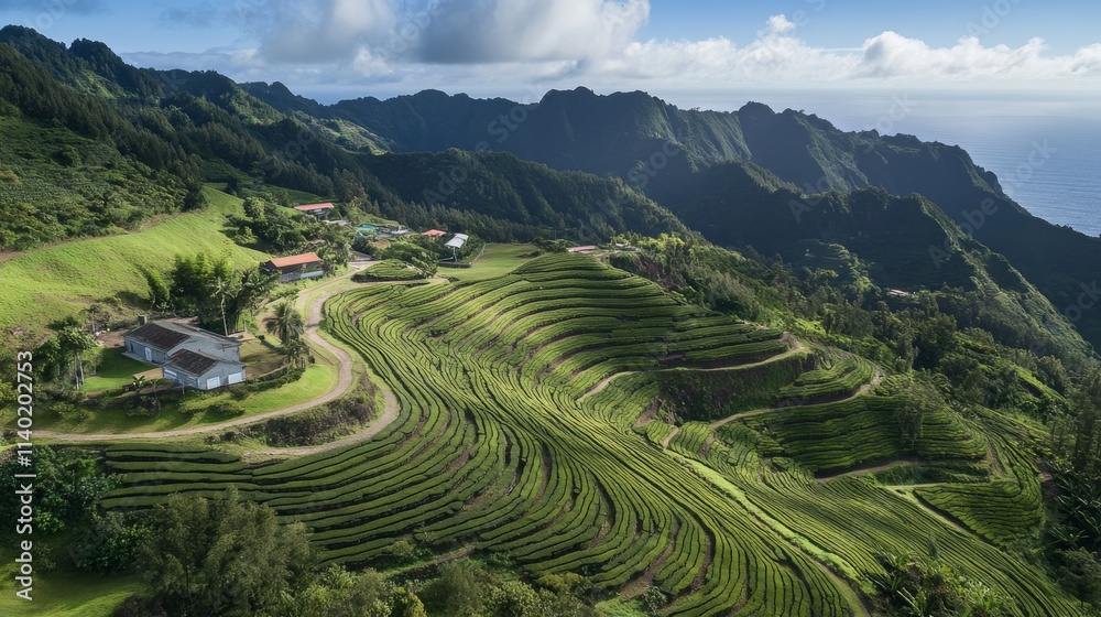 77.Sweeping aerial perspective of the Cha Gorreana tea plantation, showing the perfectly aligned tea rows and curved terraces; lush greenery and the plantation’s natural shapes blend with the rugged 77.Sweeping aerial perspective of the Cha Gorreana tea plantation, showing the perfectly aligned tea rows and curved terraces; lush greenery and the plantation’s natural shapes blend with the rugged