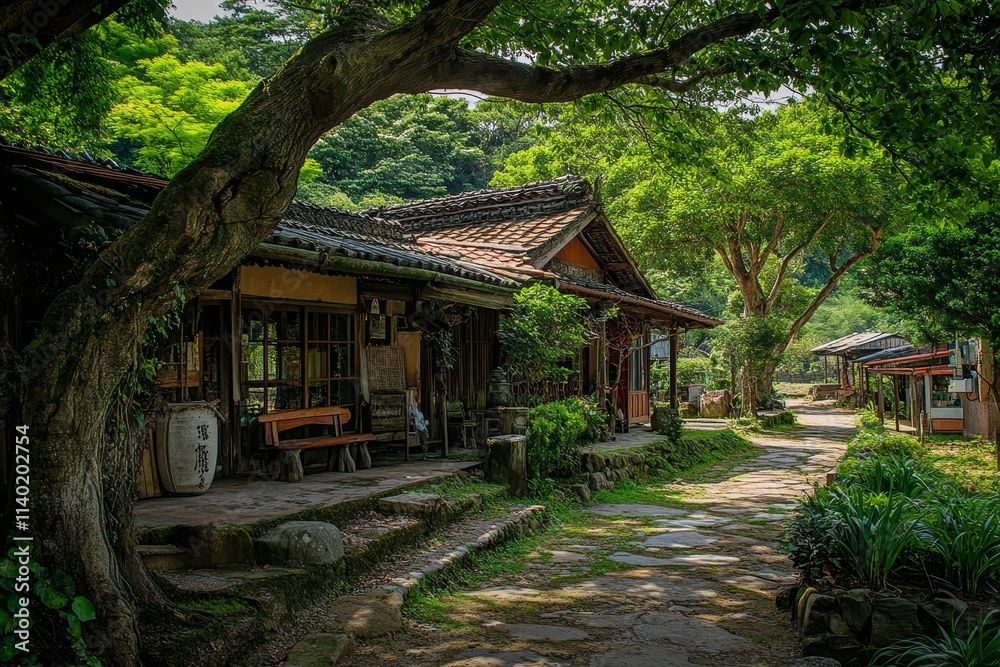 Picturesque Asian village houses nestled amongst lush greenery, a tranquil path leads through the scene. Picturesque Asian village houses nestled amongst lush greenery, a tranquil path leads through the scene.