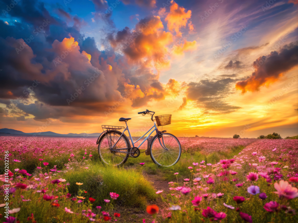 Fototapeta premium solitary vintage bicycle rests amidst vivid flower field under colorful sunset. scene evokes sense of tranquility and nostalgia, surrounded by blooming flowers