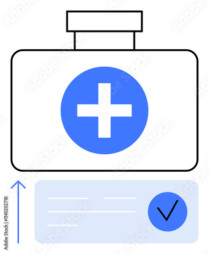 Medical kit with a blue cross symbol, and a document with a blue checkmark. Ideal for healthcare, first aid, medical approval, safety guidelines, emergency preparedness, health insurance, medical