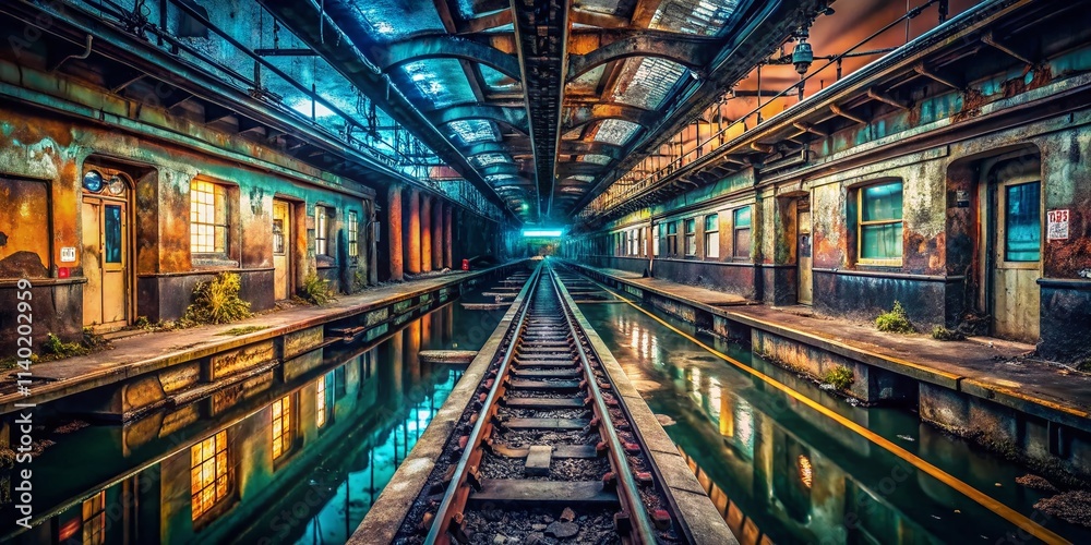 Fototapeta premium Abandoned NYC Subway Station Urban Exploration Photography - Dark, Gritty, Mysterious