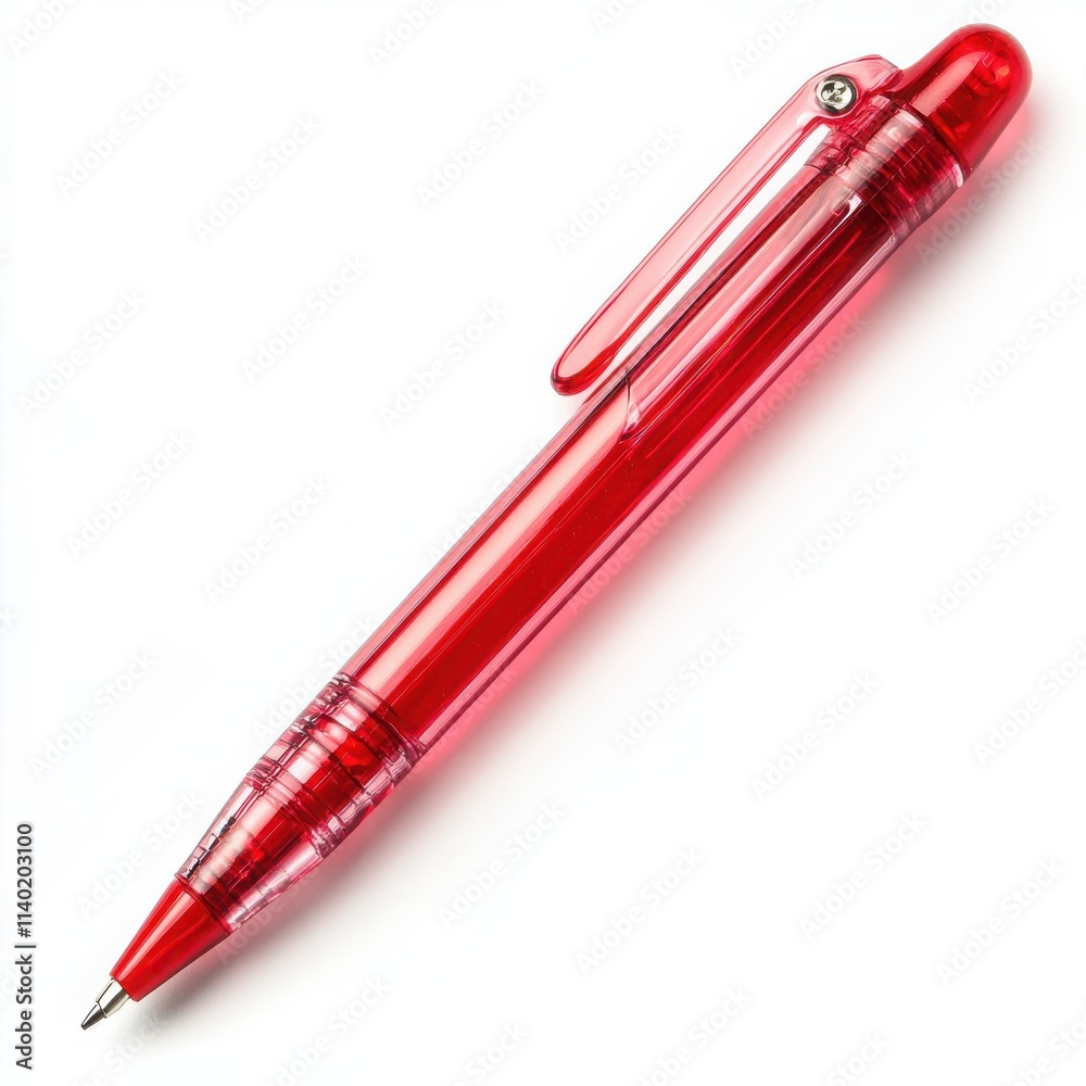 A vibrant red ballpoint pen with a click mechanism and transparent body on a white background A vibrant red ballpoint pen with a click mechanism and transparent body on a white background