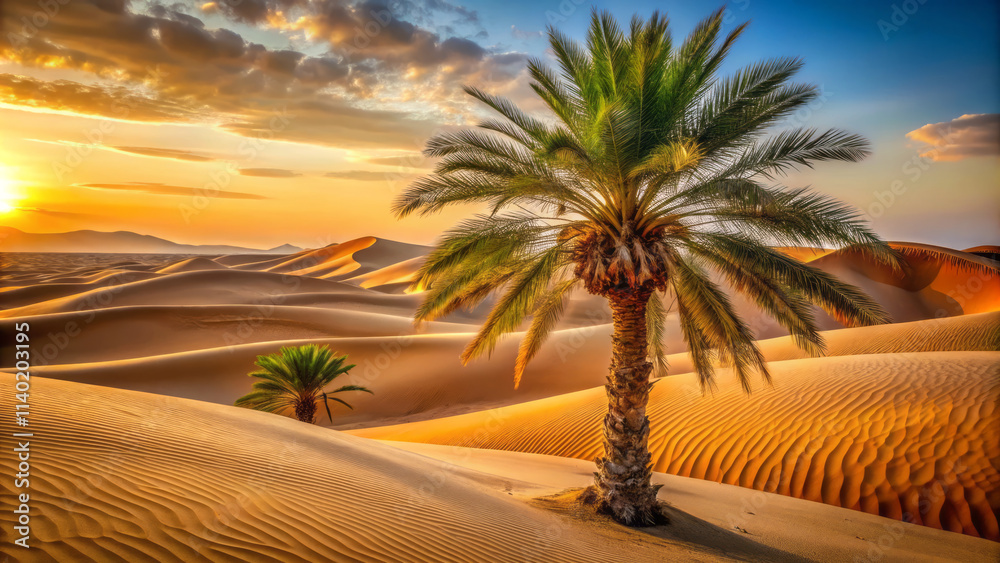 stunning sunset over desert landscape featuring lone palm tree, showcasing intricate bark and golden sand dunes. warm colors evoke sense of tranquility and beauty stunning sunset over desert landscape featuring lone palm tree, showcasing intricate bark and golden sand dunes. warm colors evoke sense of tranquility and beauty