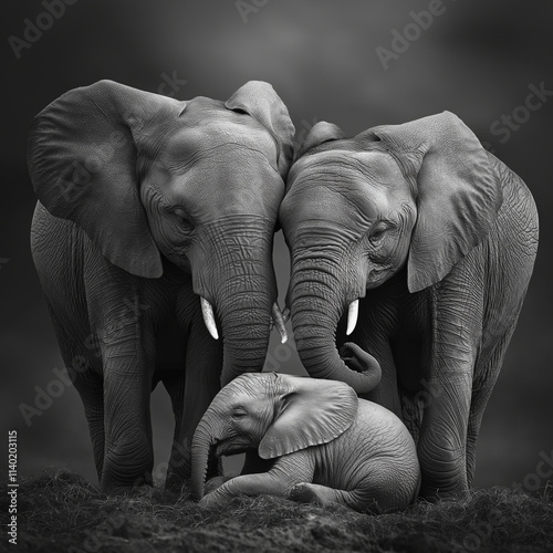 Black and white photograph of two elephants holding their baby elephant between them. The little one is sleeping on its mother's belly,  photo