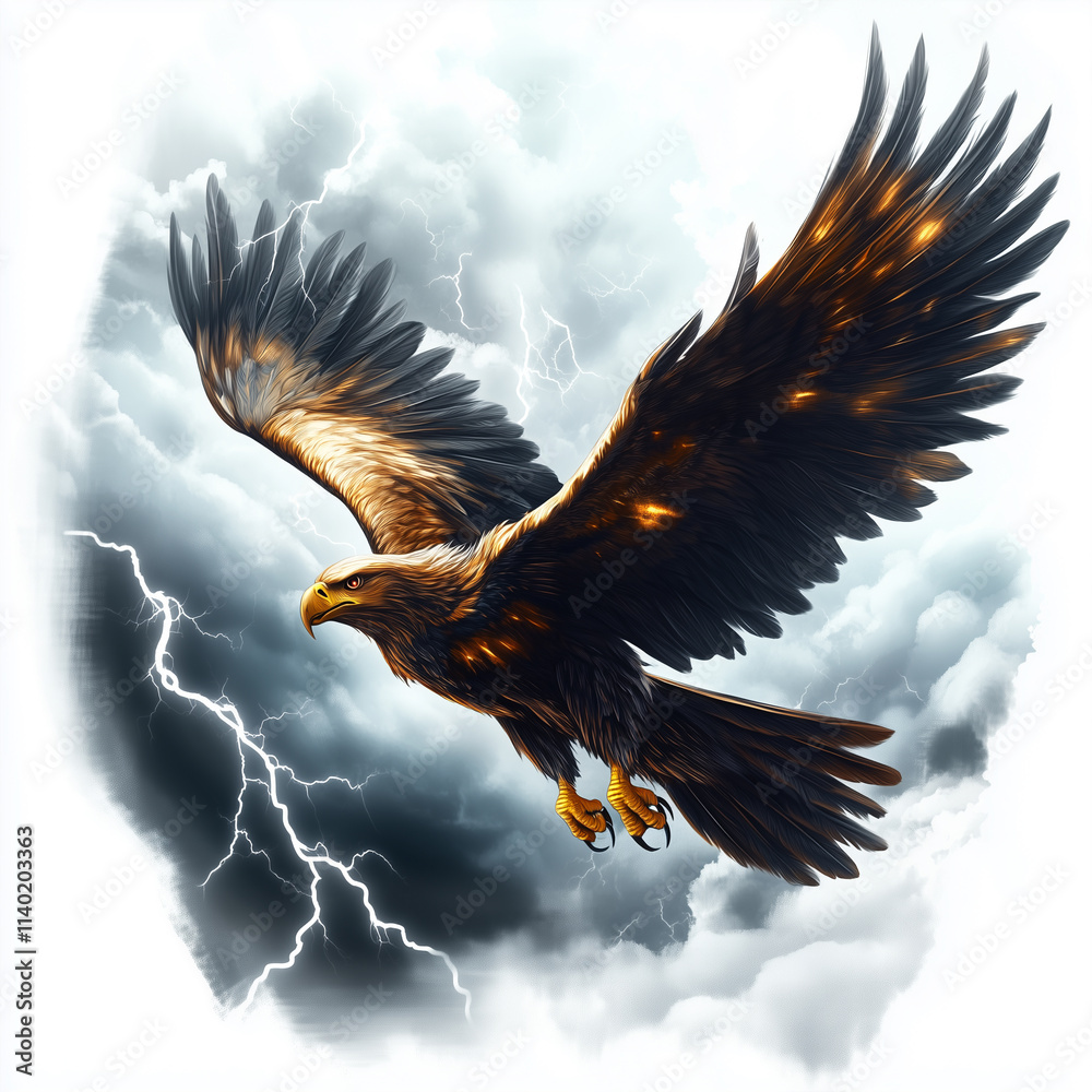 Obraz premium illustration of fierce and powerful eagle flying through storm and lightnings on white background