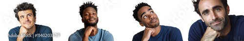 A young man in a blue t-shirt, with a dreamy and cheerful expression, thinking and looking up.