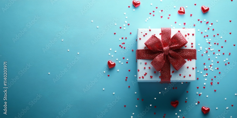 Gift box with red ribbon and heart-shaped decorations on a blue background, banner, copy space Gift box with red ribbon and heart-shaped decorations on a blue background, banner, copy space