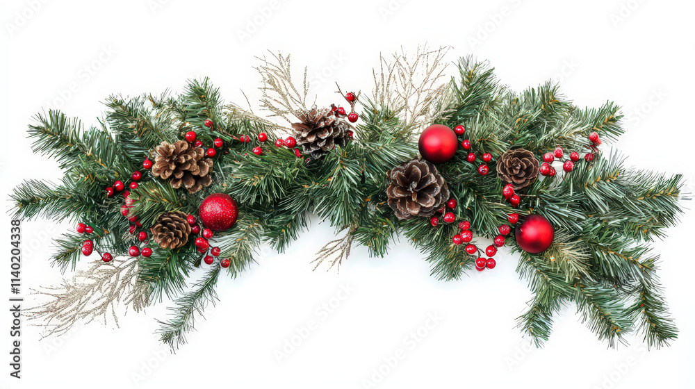 A festive arrangement of greenery, red ornaments, and pinecones for holiday decoration. A festive arrangement of greenery, red ornaments, and pinecones for holiday decoration.