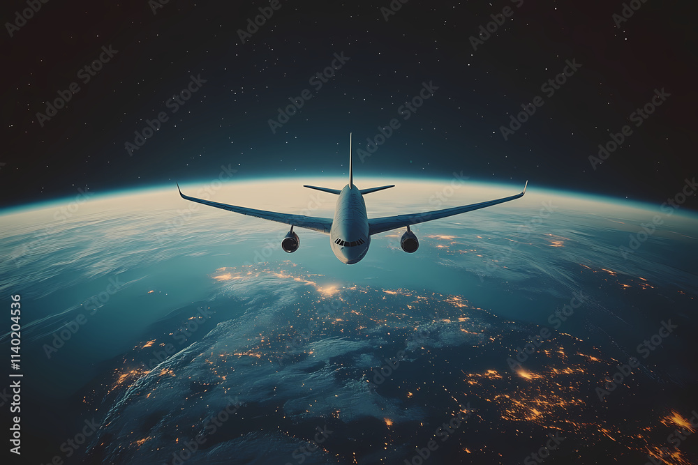 Naklejka premium In the sky, an airplane is flying over the earth.