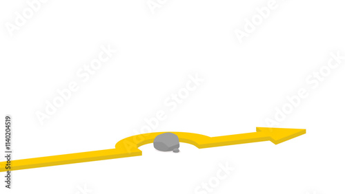 A yellow arrow takes a detour to avoid a rock blocking its path on a white background