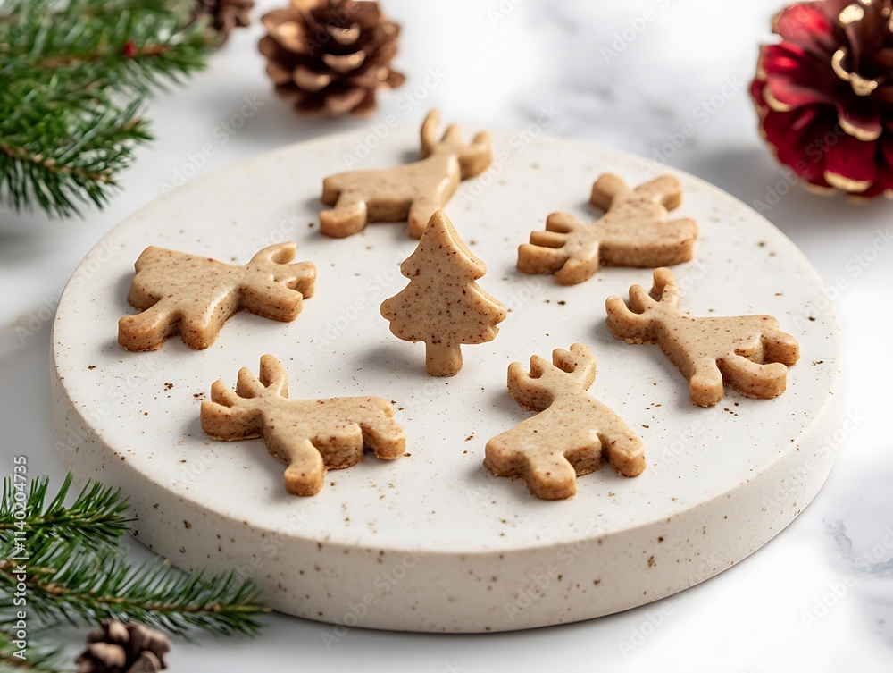 Closeup of holiday-themed cookies shaped like reindeer and Christmas trees Closeup of holiday-themed cookies shaped like reindeer and Christmas trees
