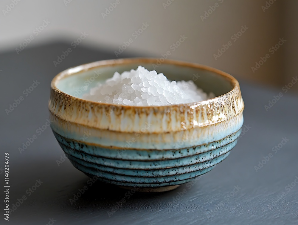 A small ceramic bowl filled with sea salt A small ceramic bowl filled with sea salt