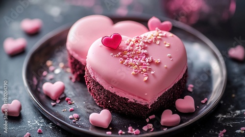 Strawberry cake with pink frosting in the shape of a heart, valentines day dessert photo