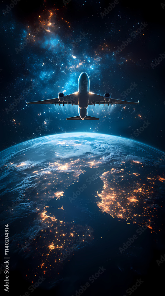 In the sky, an airplane is flying over the earth. In the sky, an airplane is flying over the earth.