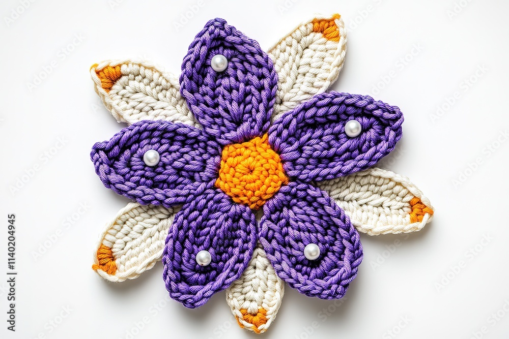 Close-up of a handcrafted crochet flower with purple and cream petals. Close-up of a handcrafted crochet flower with purple and cream petals.