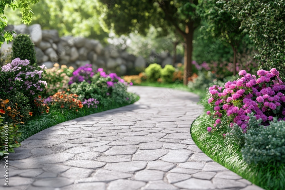 Obraz premium Pathway through a vibrant garden filled with blooming flowers in natural sunlight