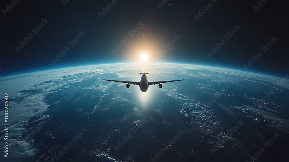 Naklejka premium In the sky, an airplane is flying over the earth.