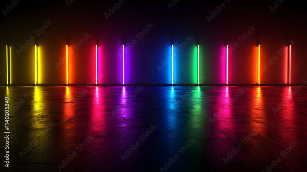 Sci Fy neon multicolored glowing rays in a dark hall. Reflections on the floor and walls. Empty background in the center. 3d rendering image. Techology futuristic background.
Sci Fy neon multicolored glowing rays in a dark hall. Reflections on the floor and walls. Empty background in the center. 3d rendering image. Techology futuristic background.