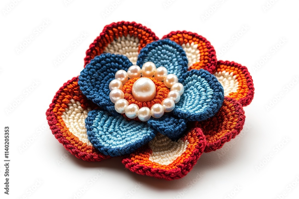Naklejka premium Close-up of a colorful crocheted flower brooch.